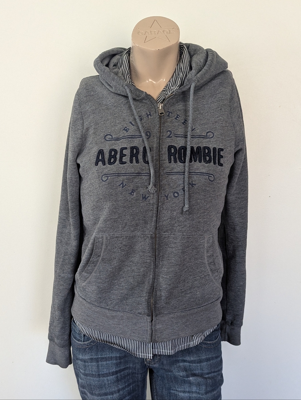 Abercrombie & Fitch Gray Zip Hoodie with Navy Logo